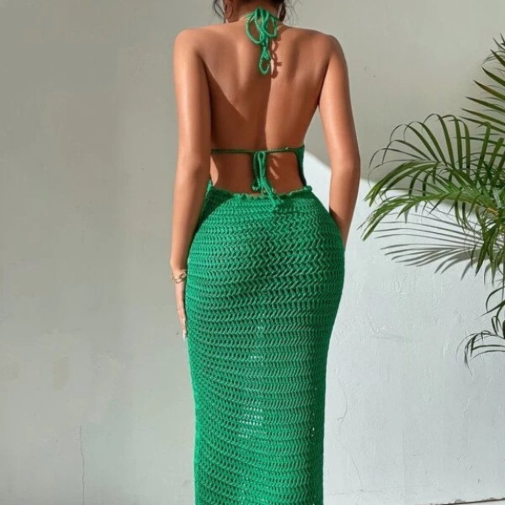 Boho  Beachy Backless Halter tie Maxi Dress Green - Picture 3 of 6